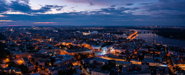 Aerial night view of the the Kyiv city center at night. Top view near the Independence Maidan at Kiev, Ukraine.