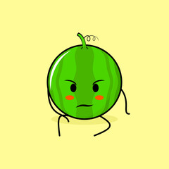 cute watermelon character with intimidation expression and sit down. green and yellow. suitable for emoticon, logo, mascot