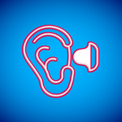 White Earplugs and ear icon isolated on blue background. Ear plug sign. Noise symbol. Sleeping quality concept. Vector