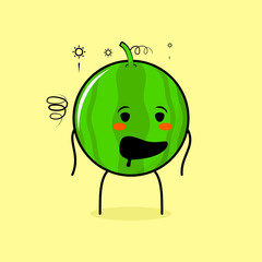 cute watermelon character with drunk expression and mouth open. green and yellow. suitable for emoticon, logo, mascot