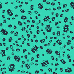 Black Big brother electronic eye icon isolated seamless pattern on green background. Global surveillance technology, computer systems and networks security. Vector