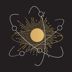 Hand Drawn Logo Design with Gold Sun.  Abstract Cosmic Illustration on Black Background
