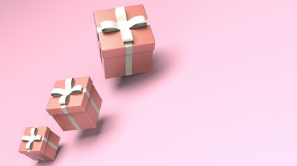 Fototapeta na wymiar Pink closed gift boxes with silver ribbon on pink background. 3D illustration. 3D CG. 3D high quality rendering.