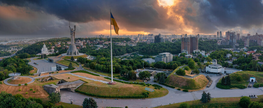 Aerial panoramic view of the Mother Motherland monument in Kiev. Historical sights of Ukraine. Beautiful scenic view of Kyiv.
