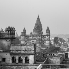 Jahangir Mahal (Orchha Fort) in Orchha, Madhya Pradesh, India, Jahangir Mahal or Orchha Palace is citadel and garrison located in Orchha. Madhya Pradesh. India, India Archaeological Site Black White
