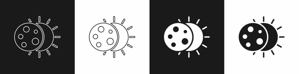 Set Eclipse of the sun icon isolated on black and white background. Total sonar eclipse. Vector