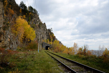Autumn on the Circum-Baikal railroad on south lake Baikal