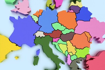 Three-dimensional map of Europe on blue isolated background