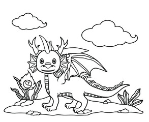 Cute cartoon dragon horned. Black and white vector illustration for coloring book