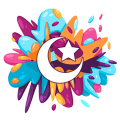 Islam moon crescent star icon in colorful splat paint liquid splashing ink splash design creative illustration