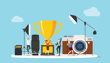 photography competition contest with trophy and happy people with modern flat style