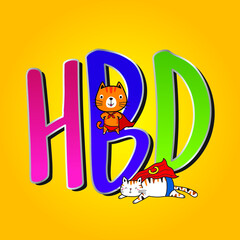 Birthday card vector. cute cartoon cat hero on bright yellow background
