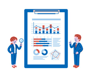 グラフが書かれているバインダーとビジネスパーソンのイラスト