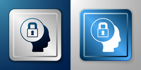 White Lock icon isolated on blue and grey background. Padlock sign. Security, safety, protection, privacy concept. Silver and blue square button. Vector