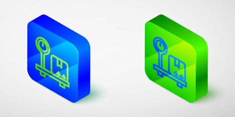 Isometric line Scale with cardboard box icon isolated grey background. Logistic and delivery. Weight of delivery package on a scale. Blue and green square button. Vector