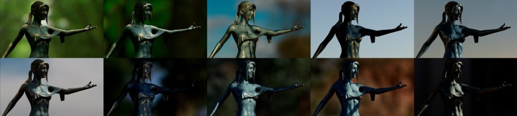 Fototapeta na wymiar bronze sculpture in 10 vary light set, examples for arts - object 3D illustration