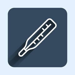 White line Medical thermometer for medical examination icon isolated with long shadow background. Blue square button. Vector