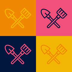 Pop art line Shovel and rake icon isolated on color background. Tool for horticulture, agriculture, gardening, farming. Ground cultivator. Vector