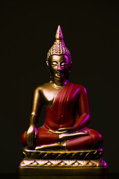 Lord Budhha Statue Golden and Red colour. Black Background and lit statue with lights