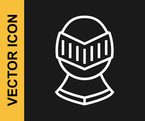 White line Medieval iron helmet for head protection icon isolated on black background. Knight helmet. Vector