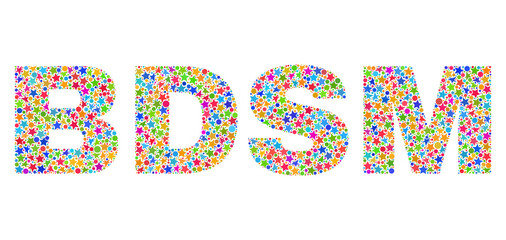 BDSM text with bright mosaic flat style. Colorful vector illustration of BDSM text with scattered star elements and small dots. Festive design for decoration titles.