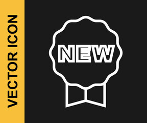 White line Price tag with an inscription New icon isolated on black background. Badge for price. Promo tag discount. Vector