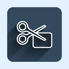 White line Scissors cuts discount coupon icon isolated with long shadow background. The concept of selling in an online supermarket at low prices or half the cost. Blue square button. Vector