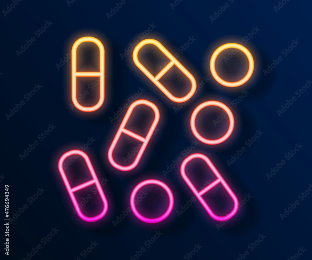 Canvas Prints Glowing neon line Medical pill bottle biohacking icon isolated on black background. Pharmacy biohacking. Vector