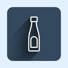 White line Bottle of water icon isolated with long shadow background. Soda aqua drink sign. Blue square button. Vector