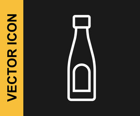 White line Bottle of water icon isolated on black background. Soda aqua drink sign. Vector