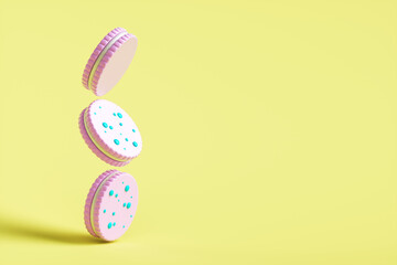Close-up of cookies on a yellow background. 3d rendering illustration