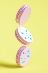 Close-up of cookies on a yellow background. 3d rendering illustration