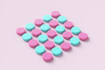 Pop art colored sweet cookies on a pink background. 3d rendering illustration.