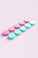 Pop art colored sweet cookies on a pink background. 3d rendering illustration.
