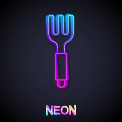 Glowing neon line Fork icon isolated on black background. Cutlery symbol. Vector