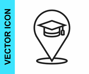 Black line Online education and graduation icon isolated on white background. Online teacher on monitor. Webinar and video seminar learning. Vector