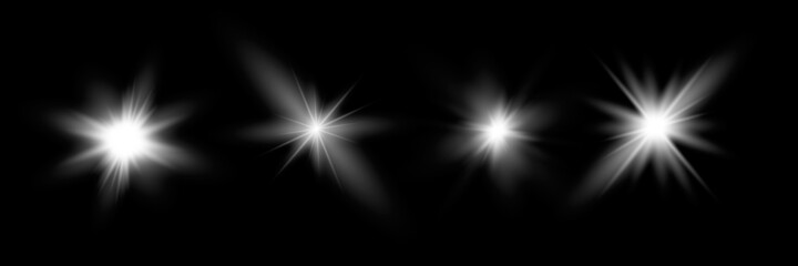 White glowing light explodes on a transparent background. Sparkling magical dust particles. Bright Star. Transparent shining sun, bright flash. Vector sparkles. To center a bright flash.