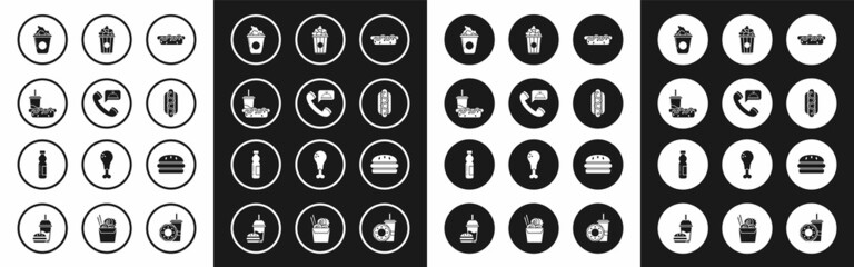 Set Hotdog sandwich with mustard, Food ordering, Paper glass drinking straw hotdog, Popcorn cardboard box, Burger and Bottle of water icon. Vector