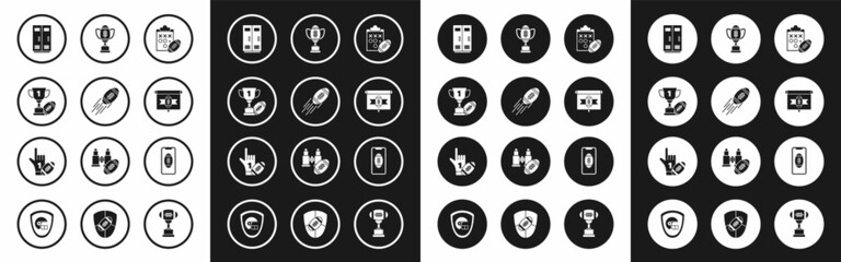 Fototapeta premium Set Planning strategy concept, Locker or changing room for football, basketball team or workers, tv program, Smartphone with american the screen and Number 1 fan hand glove finger raised icon. Vector