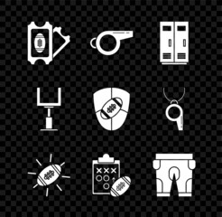 Set American Football ticket, Whistle, Locker or changing room for football, basketball team or workers, Planning strategy concept, shorts, goal post and and shield icon. Vector