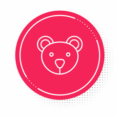 White line Teddy bear plush toy icon isolated on white background. Red circle button. Vector