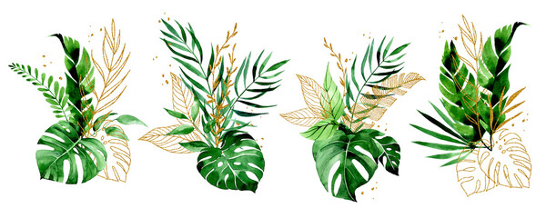 watercolor drawing. set of bouquets, compositions of tropical leaves and golden elements. green and gold leaves of palm, monstera. vintage style - obrazy, fototapety, plakaty