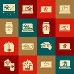 Set Laptop with smart house and light bulb, home, alarm, wi-fi, Smart watch under protection, Computer monitor and temperature icon. Vector
