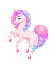 Prancing pink unicorn with colorful curly mane and braided tail. Vector illustration.