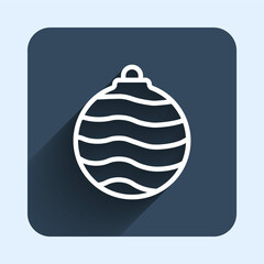 White line Christmas ball icon isolated with long shadow background. Merry Christmas and Happy New Year. Blue square button. Vector