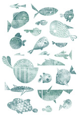 Big set of illustrations of flat style fish with doodle isolated on white background. Stylized artistic collection of turquoise fish for pattern, card, poster, wrapping.