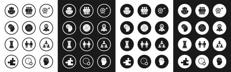 Set Target with arrow, Piece of puzzle, Human head lamp bulb, Globe and people, Location job, Users group, Project team base and Business strategy icon. Vector