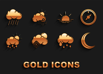 Set Cloud with snow and sun, Wind rose, Moon stars, rain, Sunrise, and Windy weather icon. Vector