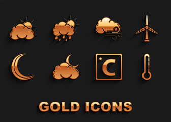 Set Cloud with moon and stars, Wind turbine, Thermometer, Celsius, Moon, Windy weather, Sun cloud and rain sun icon. Vector