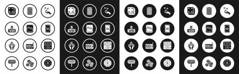 Set Hand holding casino chips, Glass of whiskey ice cubes, Casino win, Game dice, Joker playing card, Online poker table game and icon. Vector